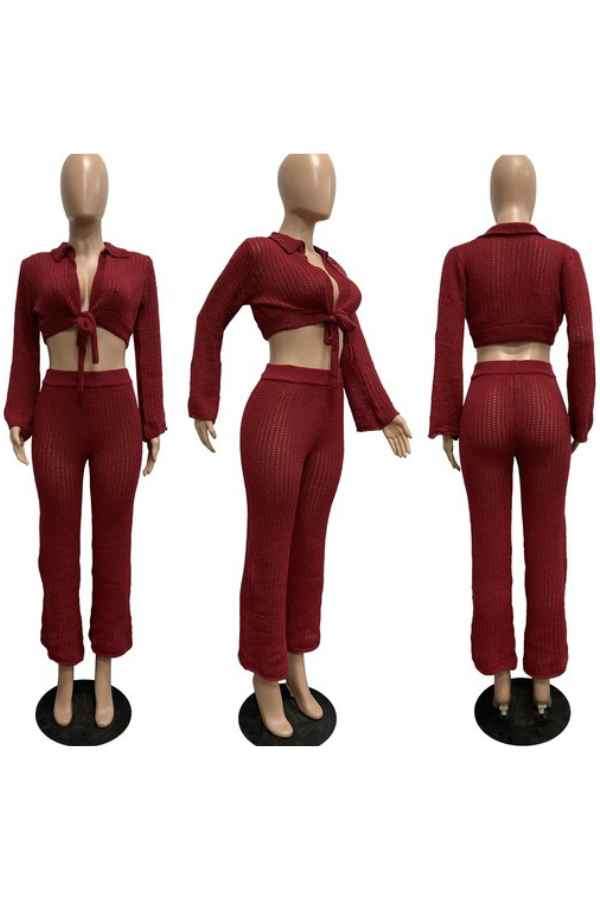 Sexy Knit Long Sleeve Top Two Piece Flared Pants Set image 7