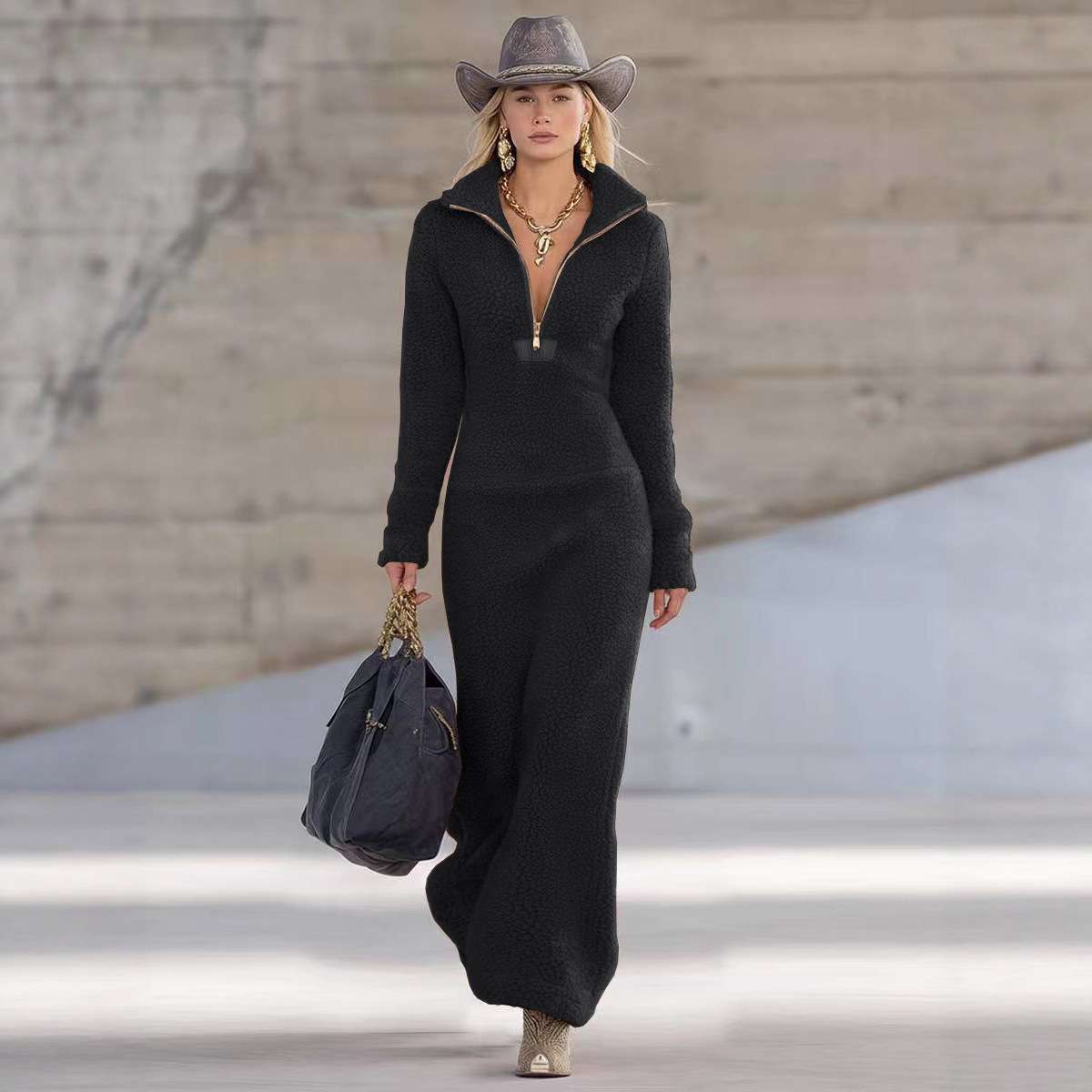 Elegant Long Dress with V Neck Front Zip - L, Black image