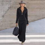 Elegant Long Dress with V Neck Front Zip - L, Black image