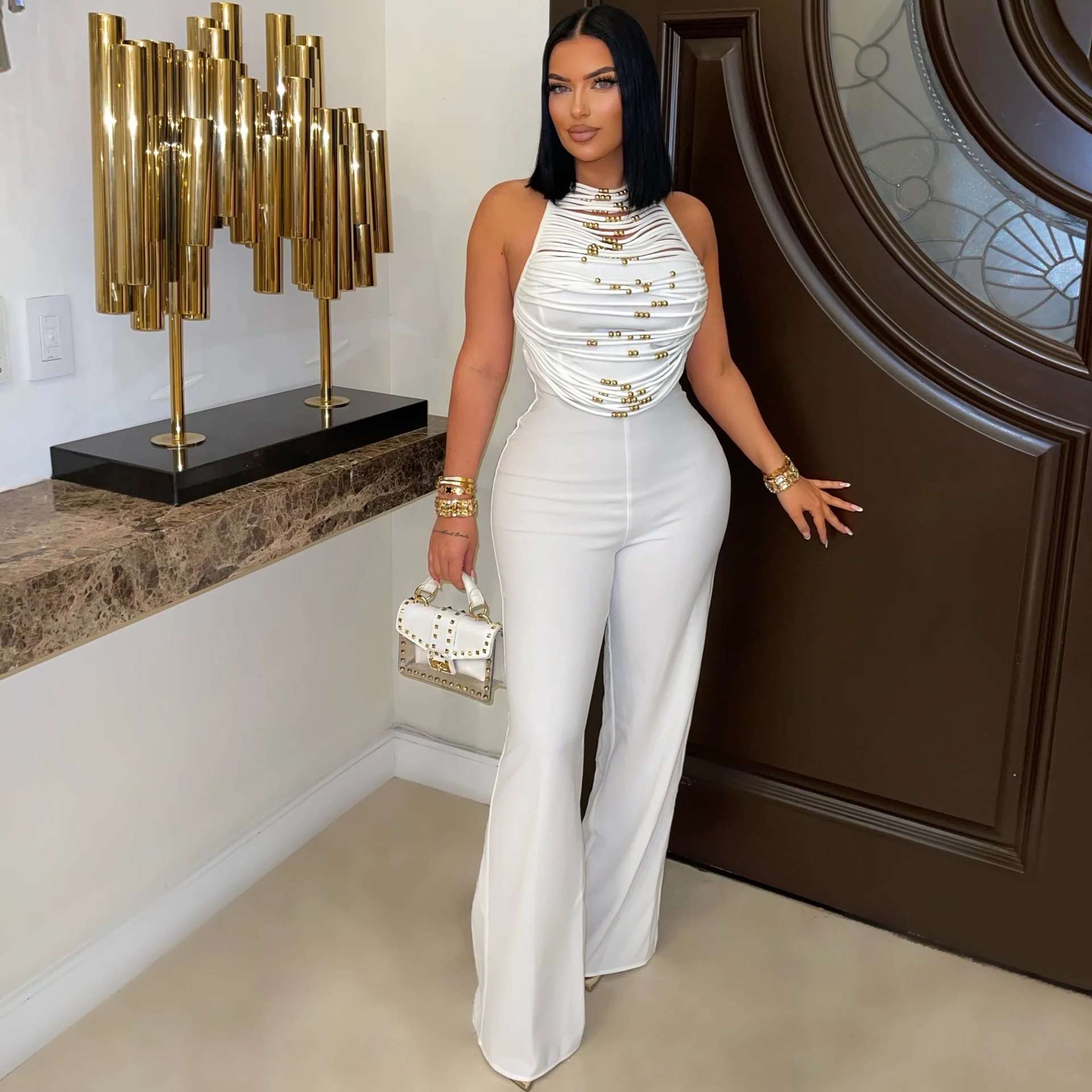 Embellished Halter Jumpsuit - M, White image