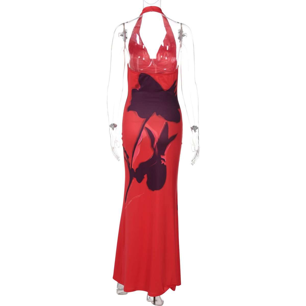 Elegant Red Floral Halter Maxi Dress image 3