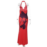 Elegant Red Floral Halter Maxi Dress image 3
