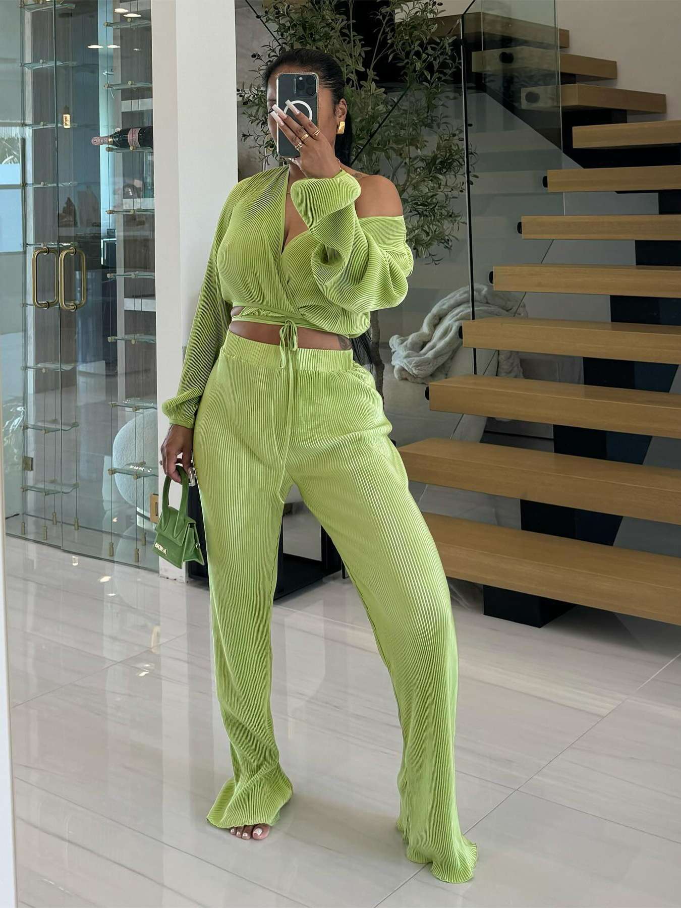 V-neck Cardigan Set - S, Green image