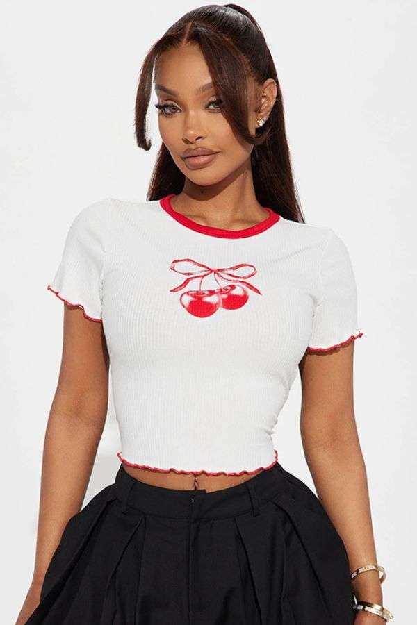 Cherry Embroidered Ringer Crop Top - S, White image