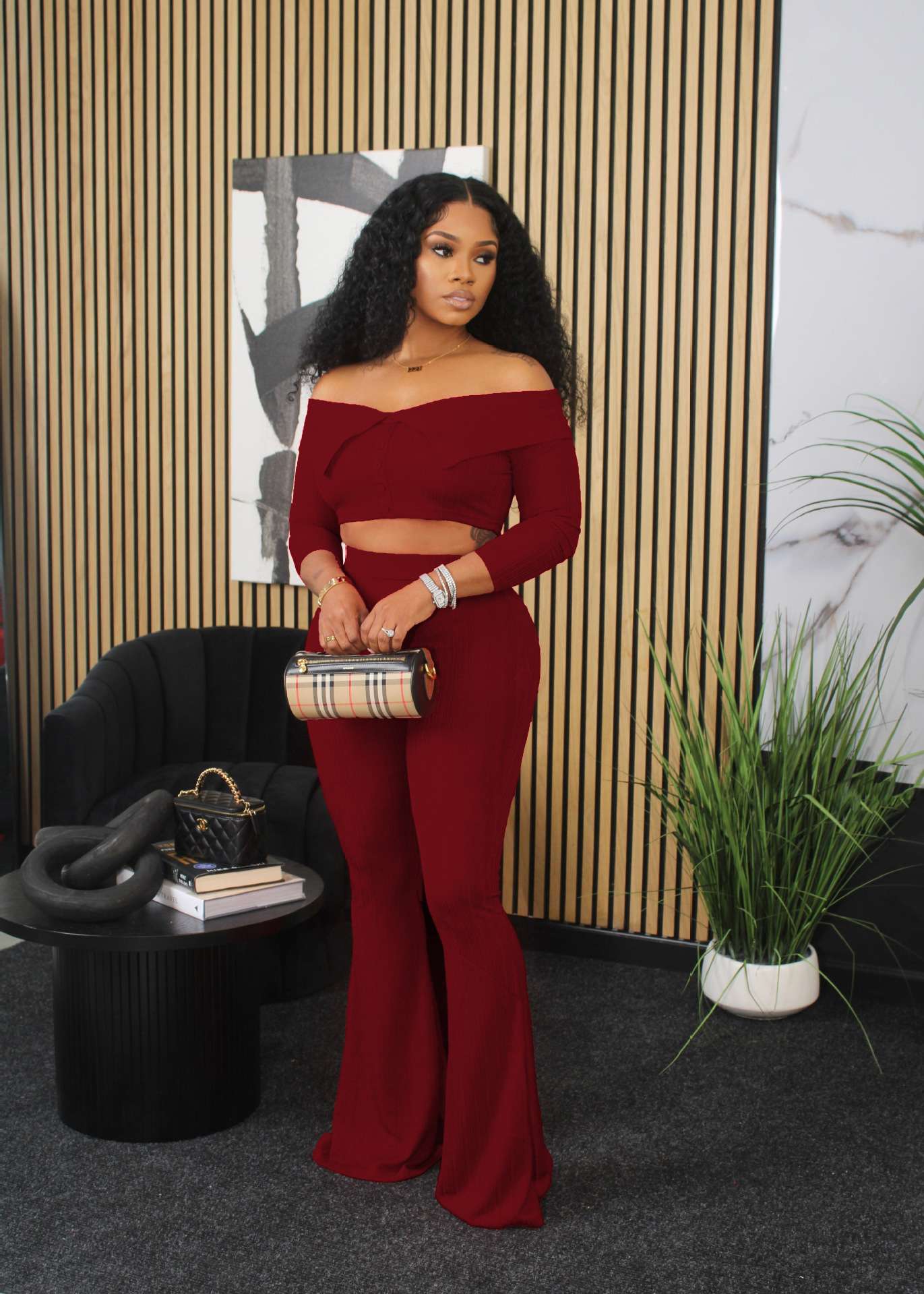 long sleeve ribbed shirt flared pants - S, Barn Red image