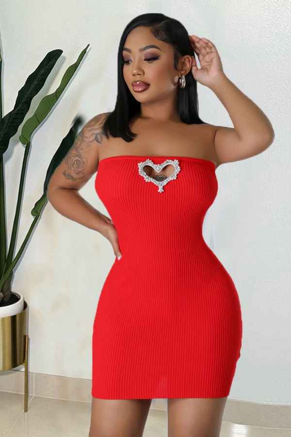 Sexy Off Shoulder Rhinestone Heart Front Mini Dress image 2