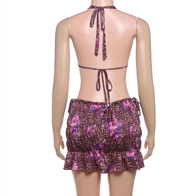 Leopard Floral Print Bikini Set with Ruffled Skirt image 2