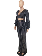 2 Piece PU Crop Top Bodycon Pants Party Sweatsuit image 6