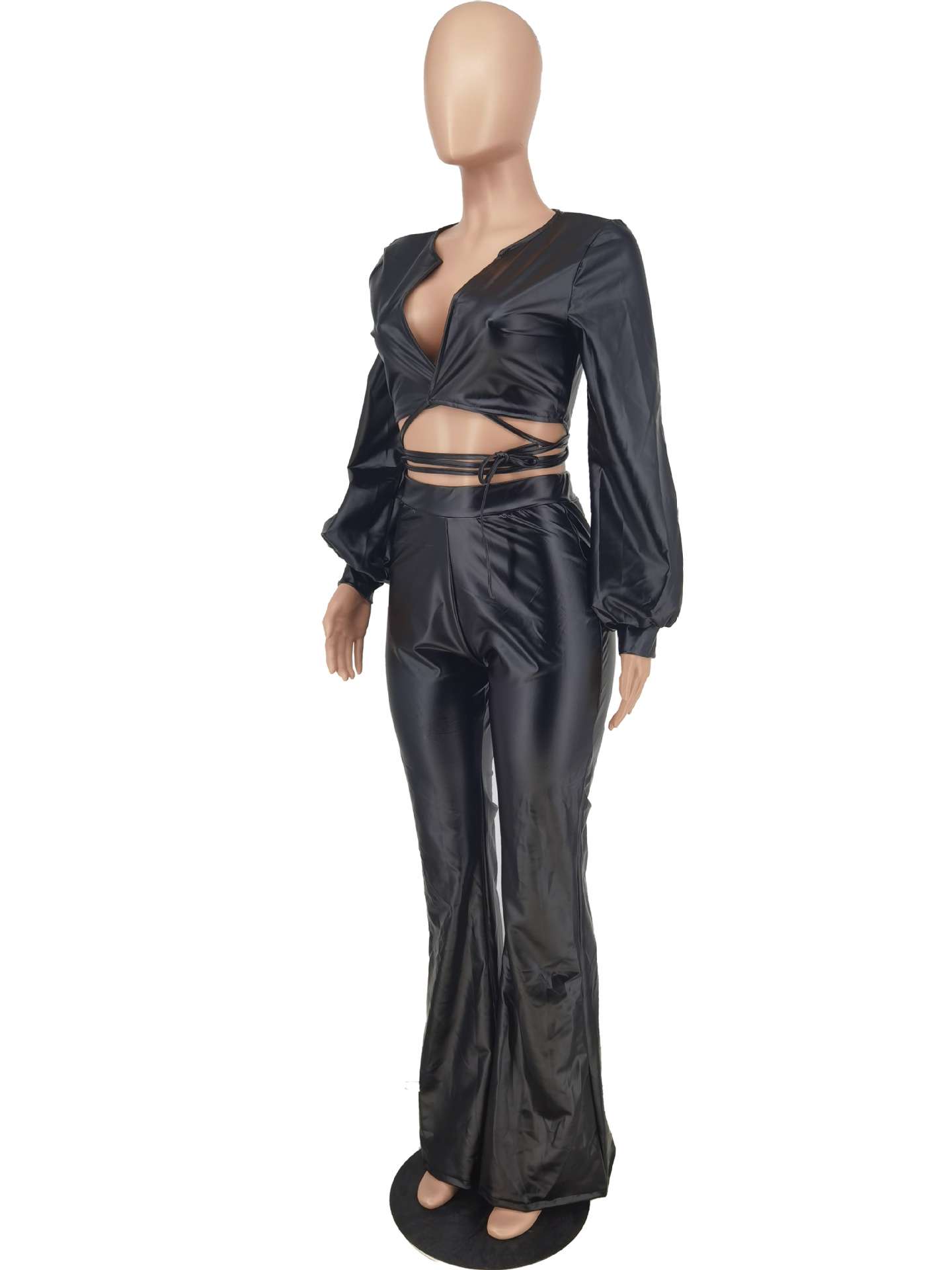 2 Piece PU Crop Top Bodycon Pants Party Sweatsuit image 6