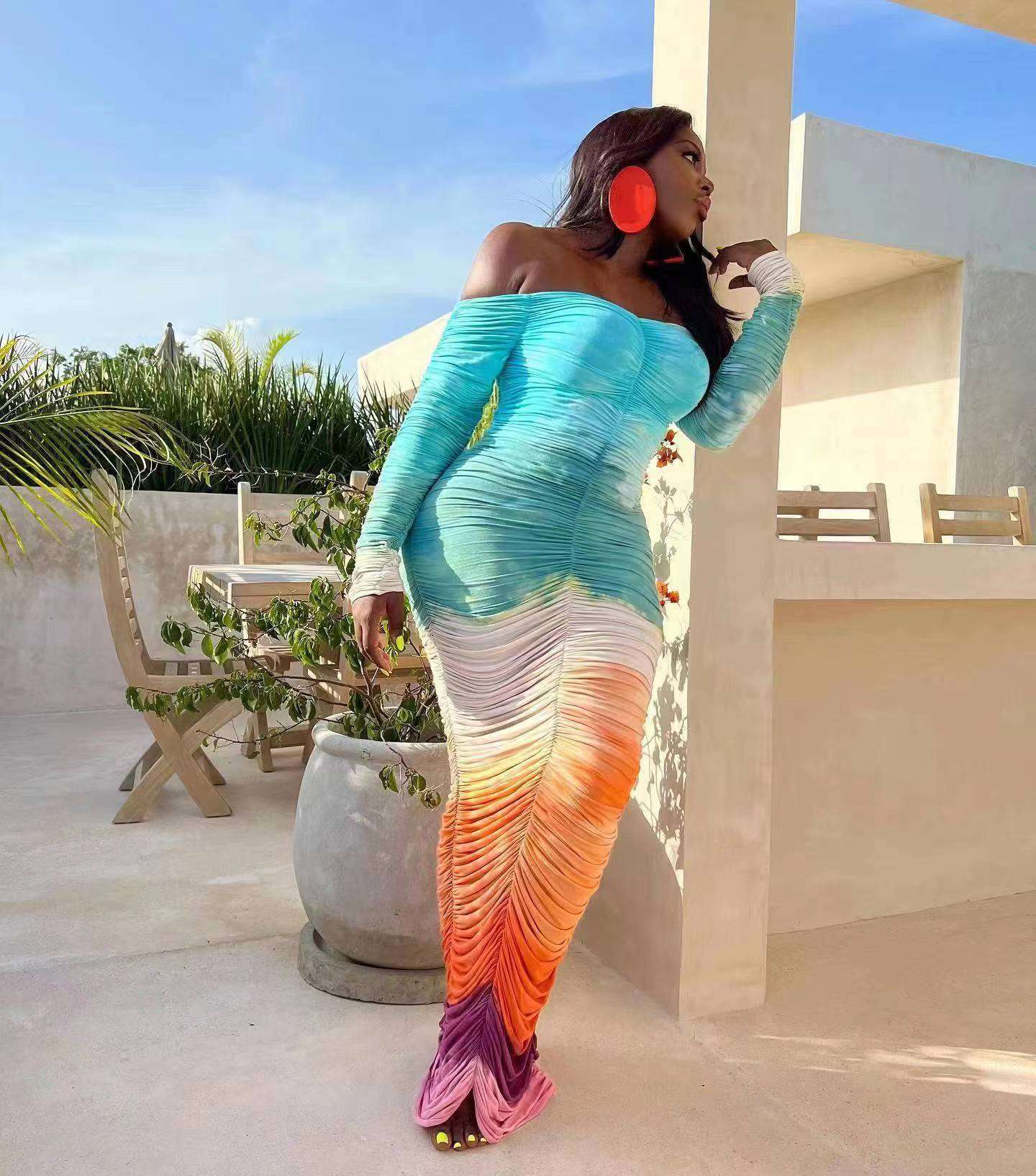 Off Shoulder Ruched Bodycon Maxi Dress - M, Multi Sky Blue image