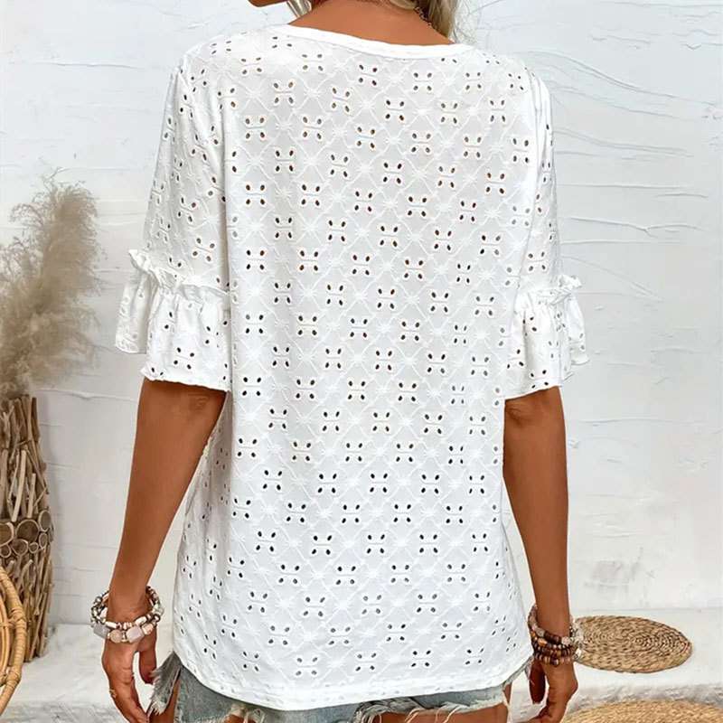 Eyelet V-Neck Top with Rolled Sleeves image 4