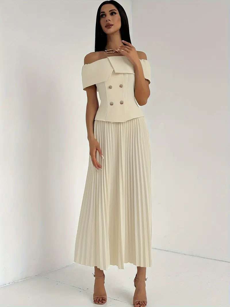 Off shoulder pleated blouse and skirt - L, Cream Beige image