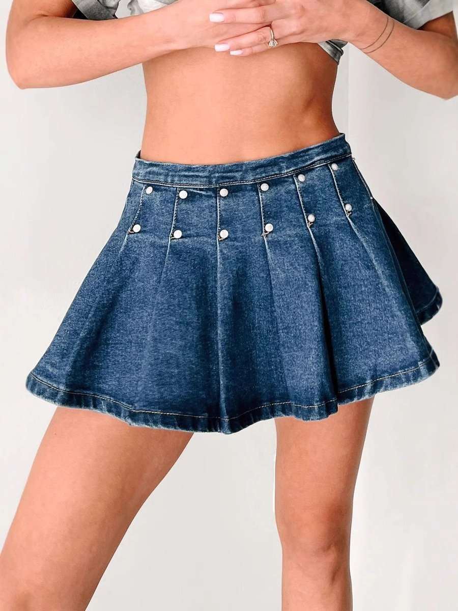 Studded Flared Mini Skirt - L, Denim Blue image