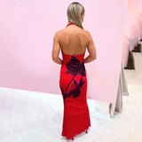 Elegant Red Floral Halter Maxi Dress image 2