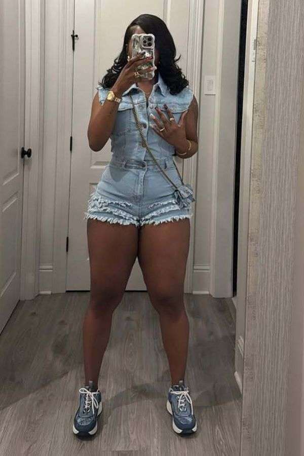 Casual Sleeveless Jumpsuit with Frayed Details - L, Blue image