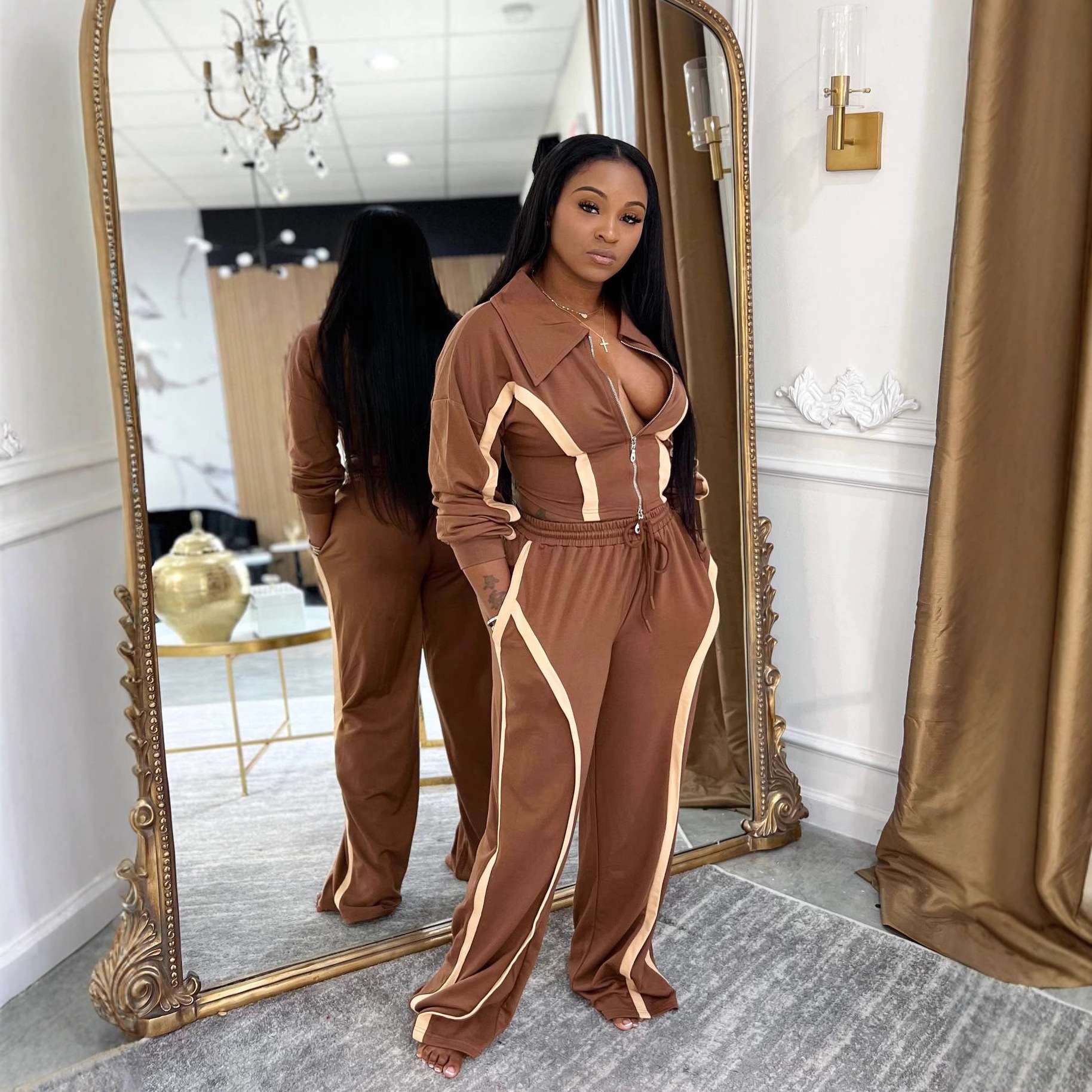 Tracksuit with Contrast Piping - L, Brown image