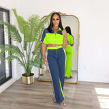 Colorblock Zip-Up Cropped Top & Pants Set - XL, Green image