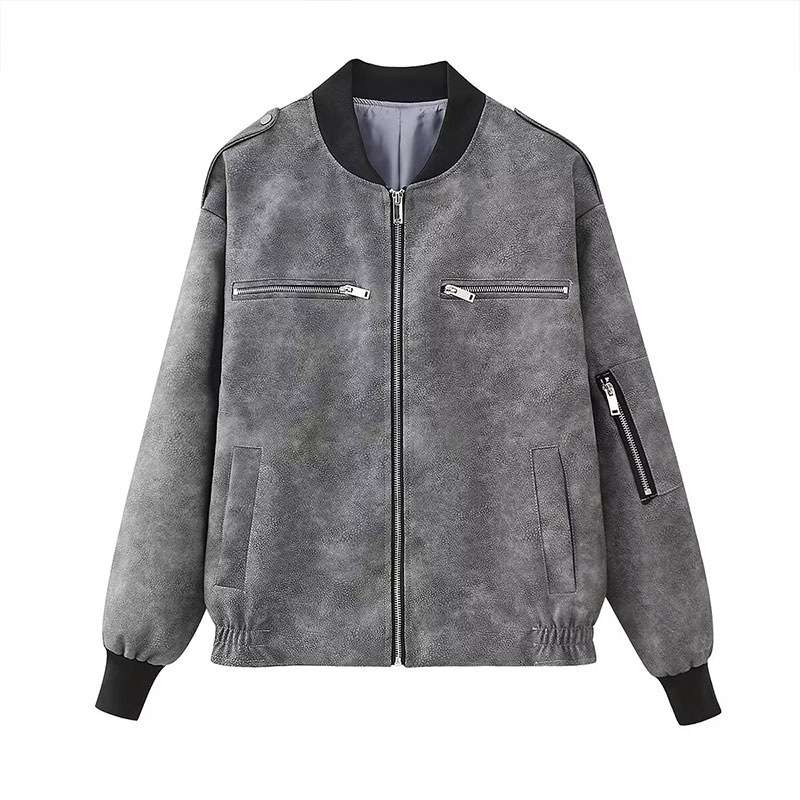 Casual Long Sleeve Bomber Jacket - L, Grey image