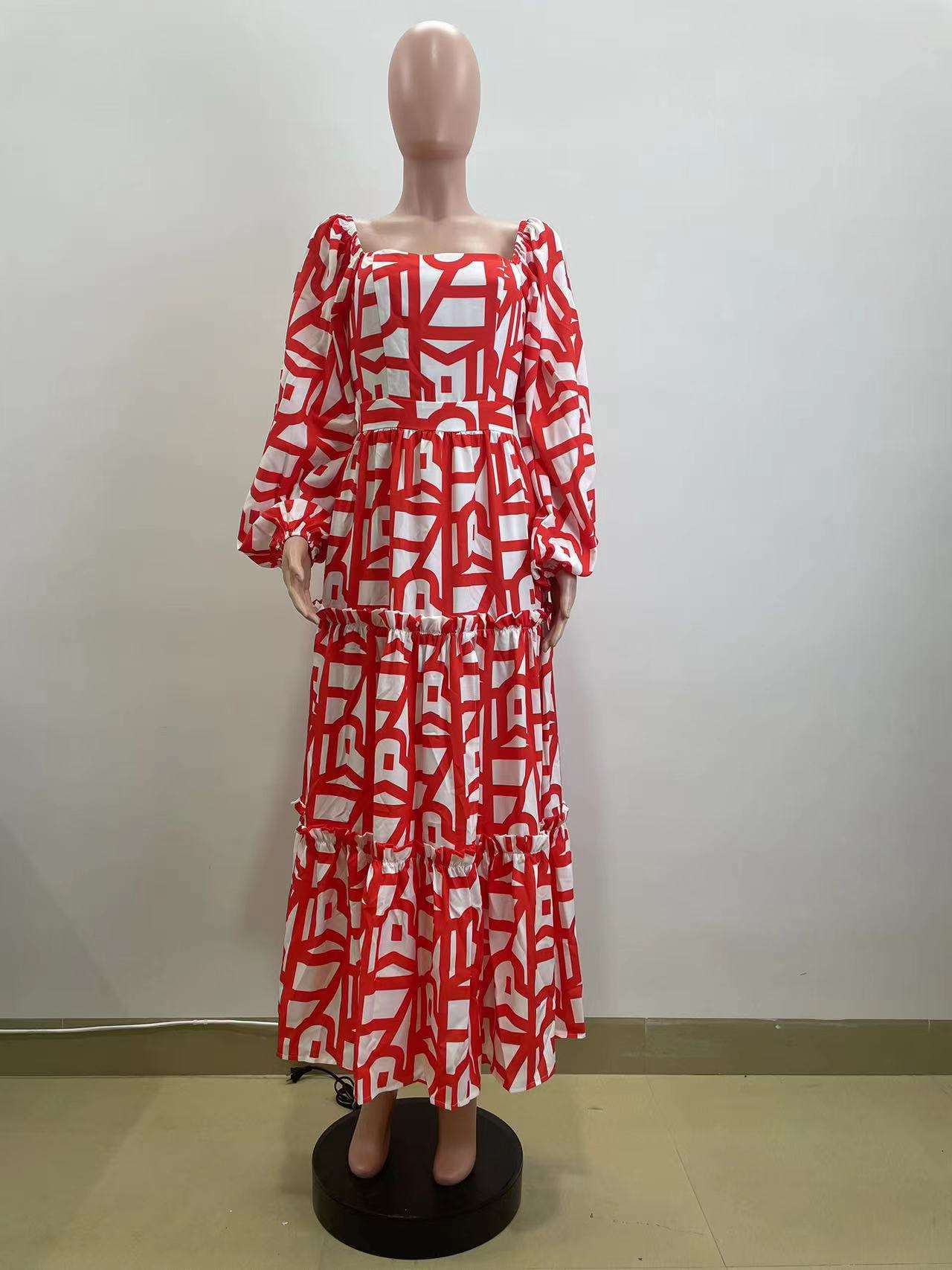 Spring elegant slit printed u-neck dress image 2