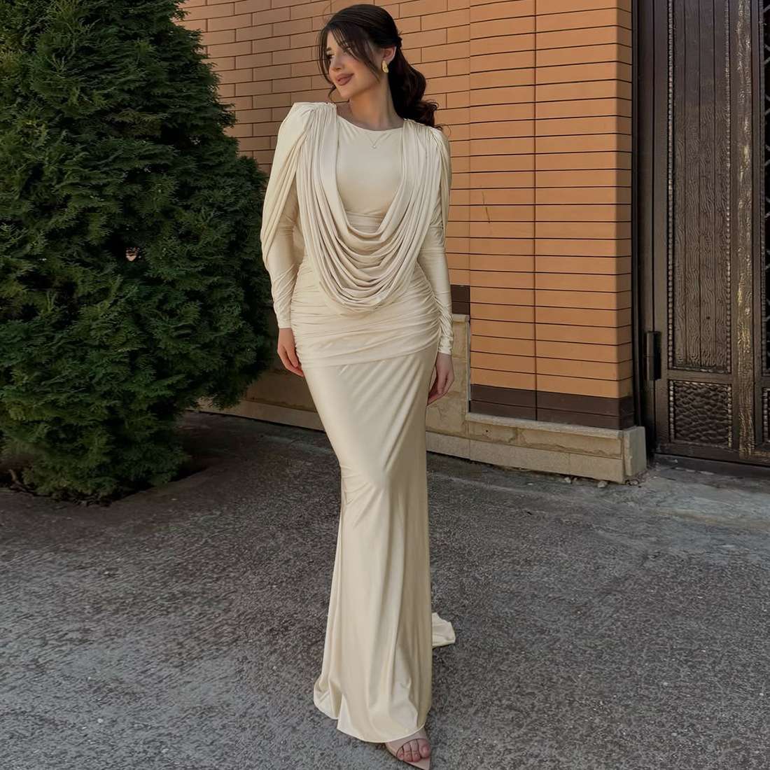 Draped Maxi Dress with Long Sleeves - S, Beige image