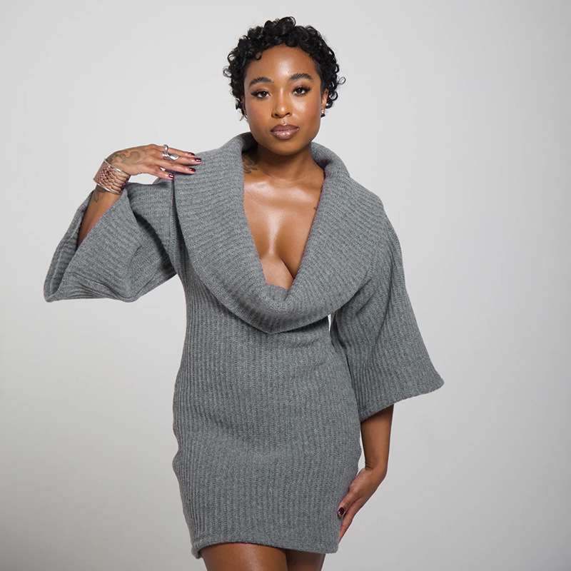 Knit Oversized Top with Draped Collar - S, Grey image