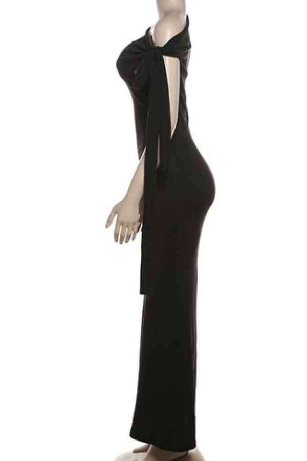 Knot Tie Asymmetric Shoulder Solid Color Maxi Dress image 7