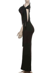 Knot Tie Asymmetric Shoulder Solid Color Maxi Dress image 7