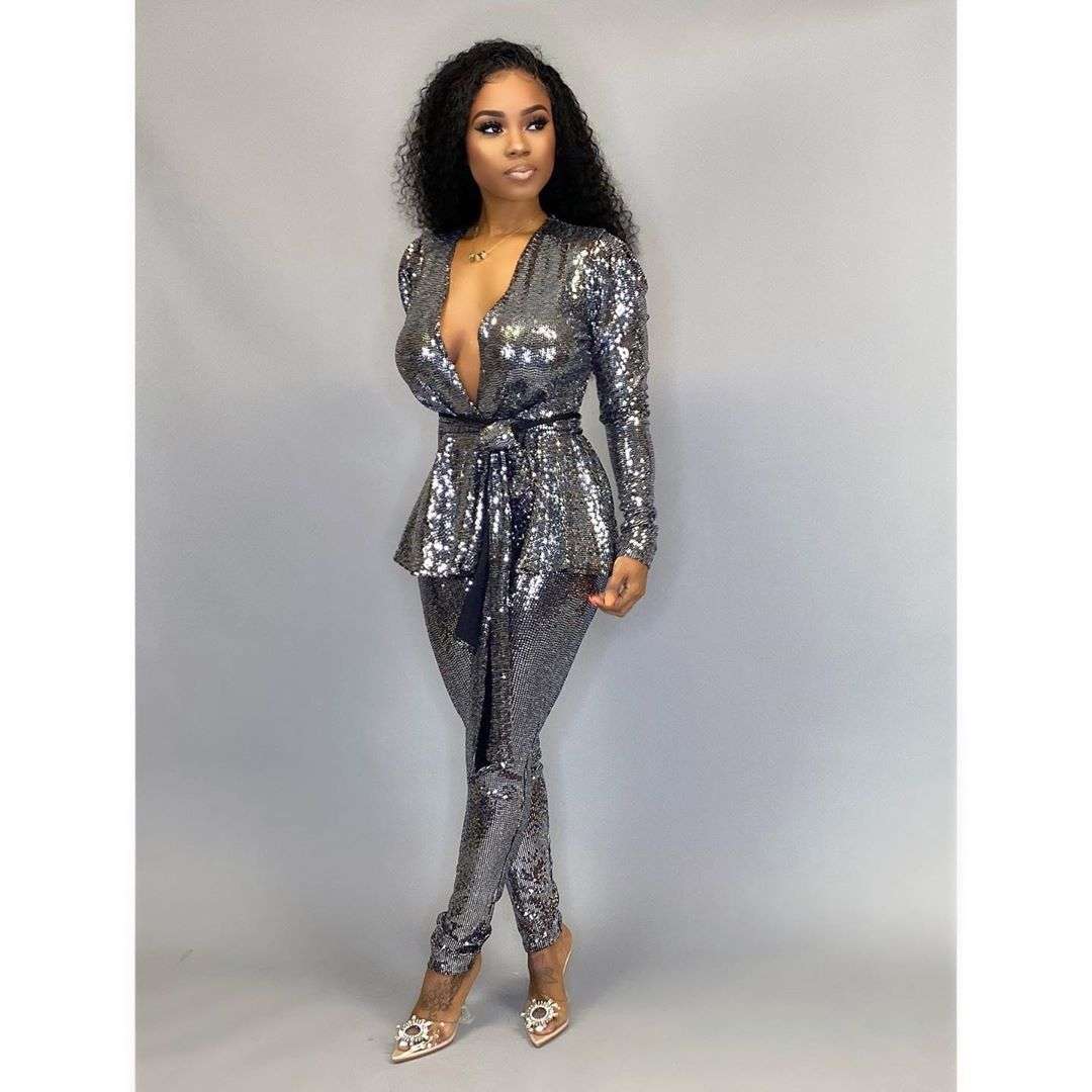 Sequin Long Sleeve Ruffle Hem Suit - M, Silver image