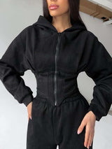 Fleece Tracksuit with Zip-Front Hoodie - M, Black image