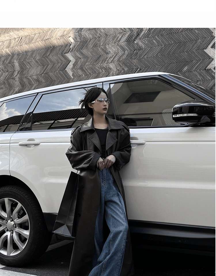 PU Leather Trench Coat For European image 2