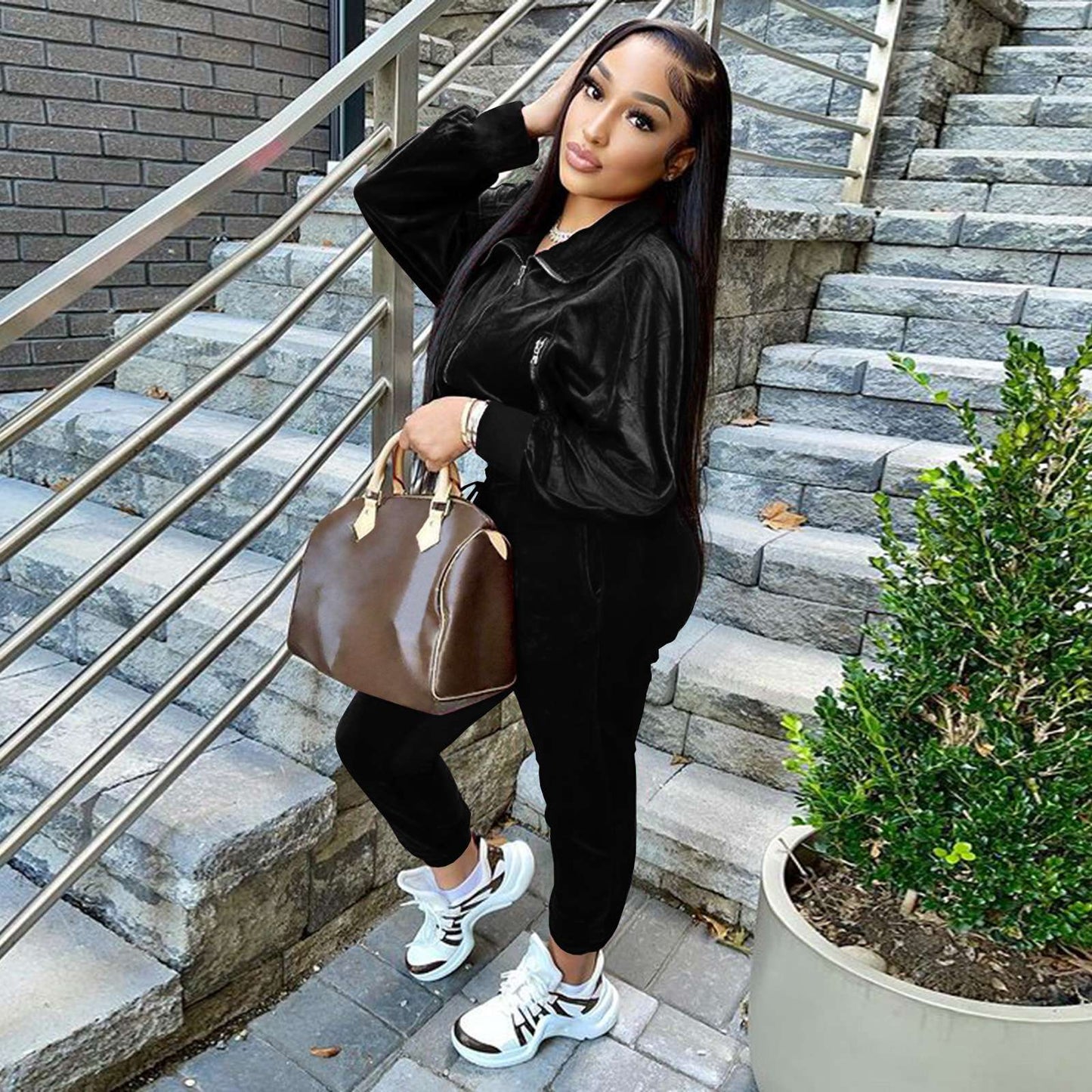 Zipper Jacket Coat & Pants Set - L, Black image