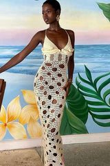Sexy Ripped Crochet Cross Halter Back Resort Maxi Dress image 2