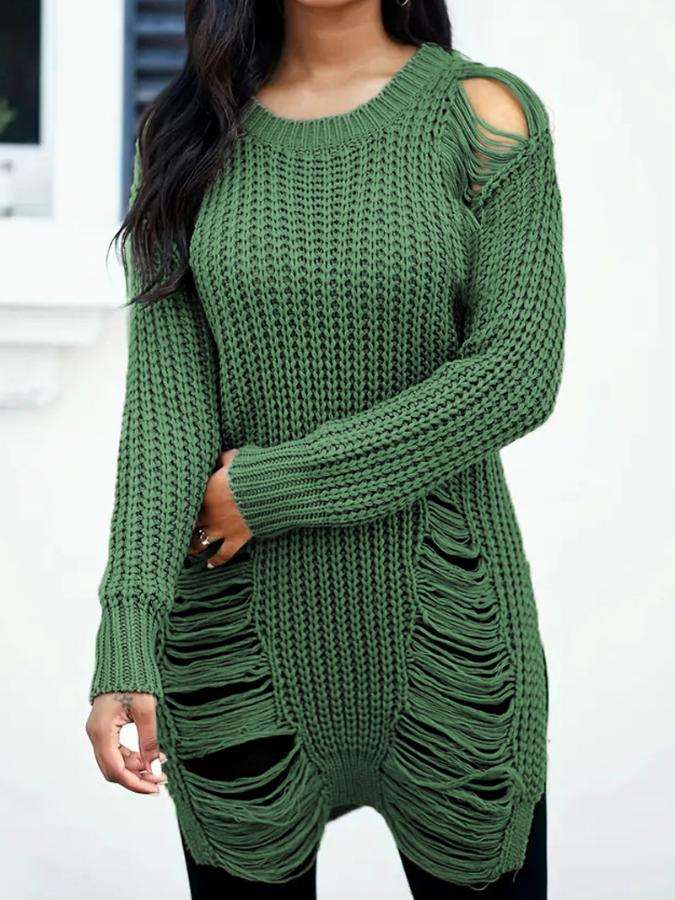 Long Sleeve Ripped Casual Loose Pullover Sweater - S, Cadmium Green image
