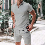 Men's Stylish Textured Zipper Polo Short Set - M, Grey image