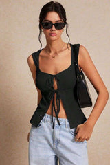 Tie-Front Peplum Crop Top - L, Black image