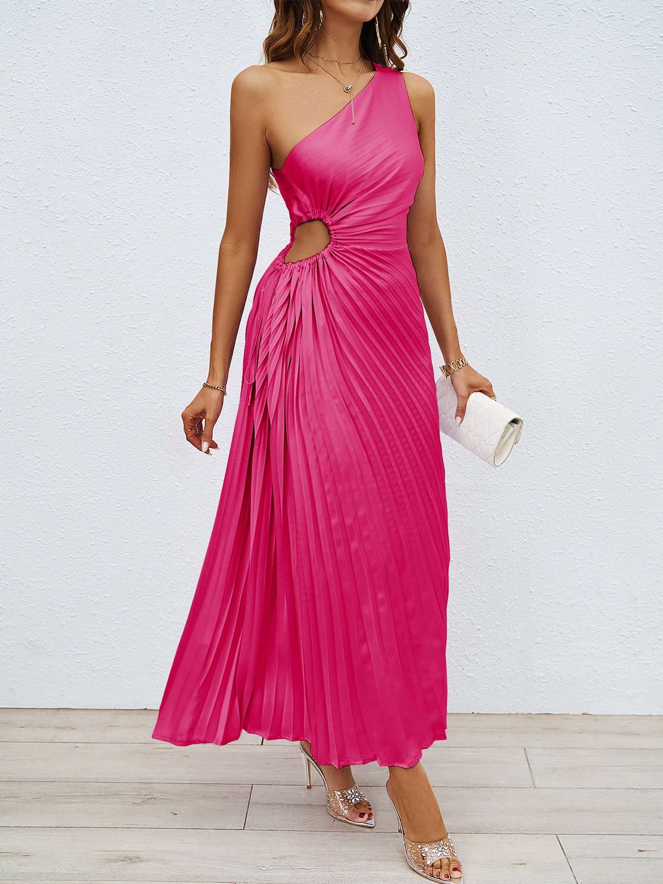 One-Shoulder Pleated Midi Dress image 4