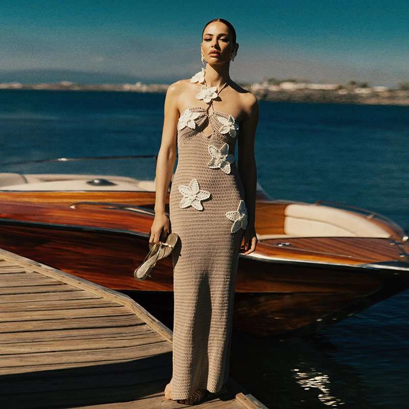 Crochet Halter Backless Maxi Dresses image 2