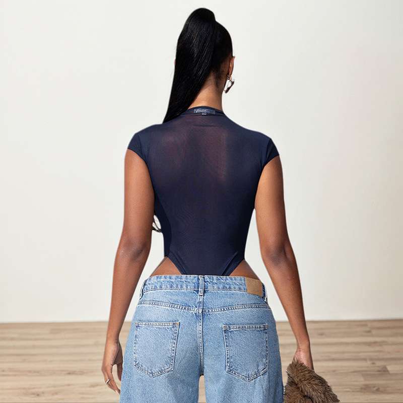 Sheer Mesh Bodysuit with Front Button Closure image 2