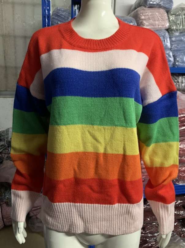 Rainbow Striped Knit Sweater - M, Orange image