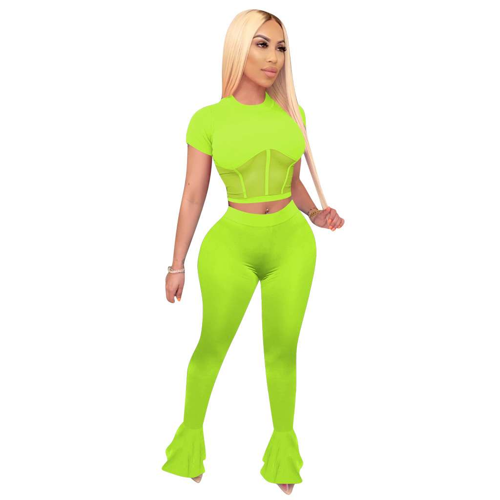 Mesh Short Sleeve Top and Flared Pants - M, Chartreuse Green image