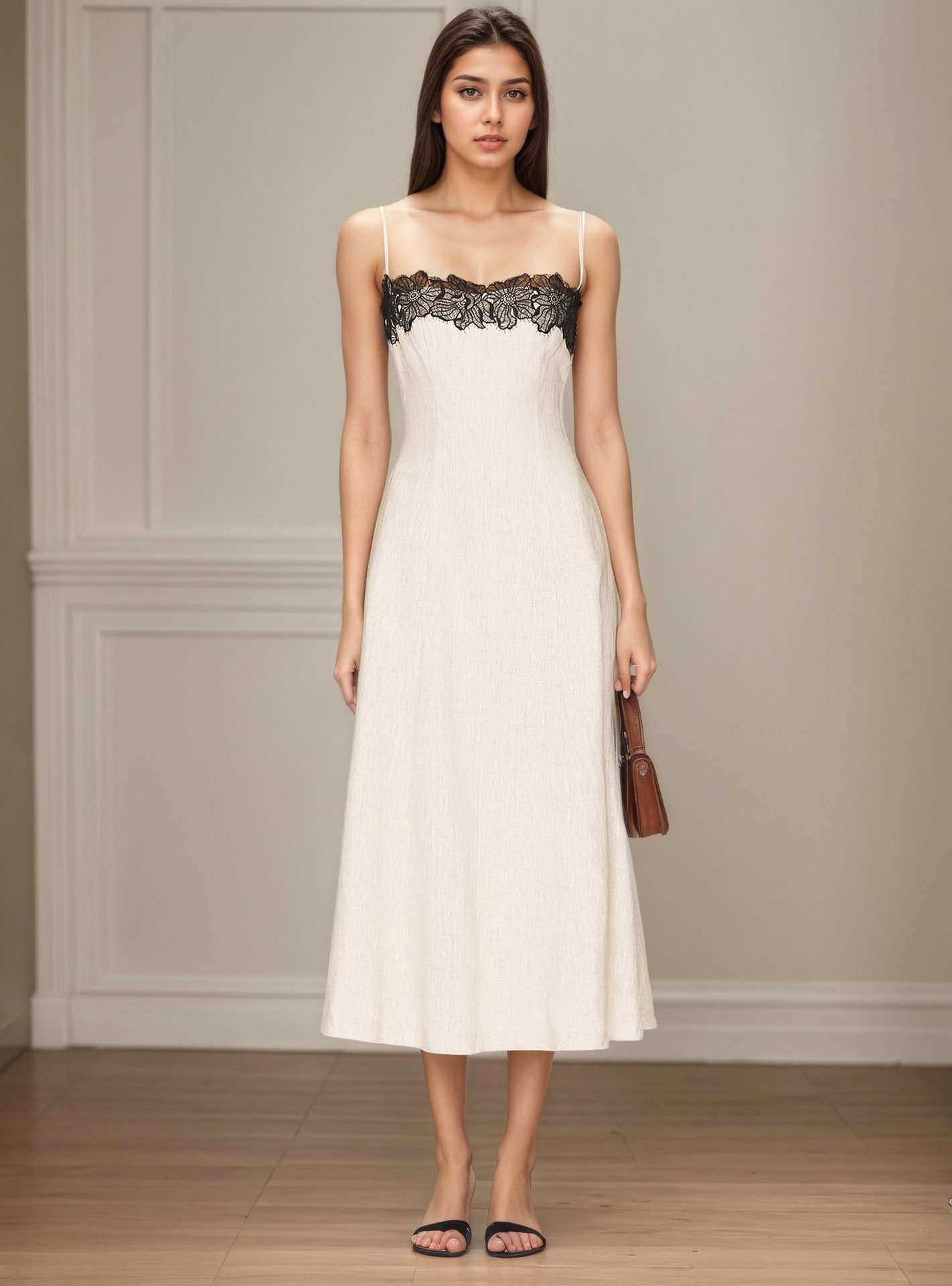 Elegant Lace Accent Maxi Dress - L, Light Beige image