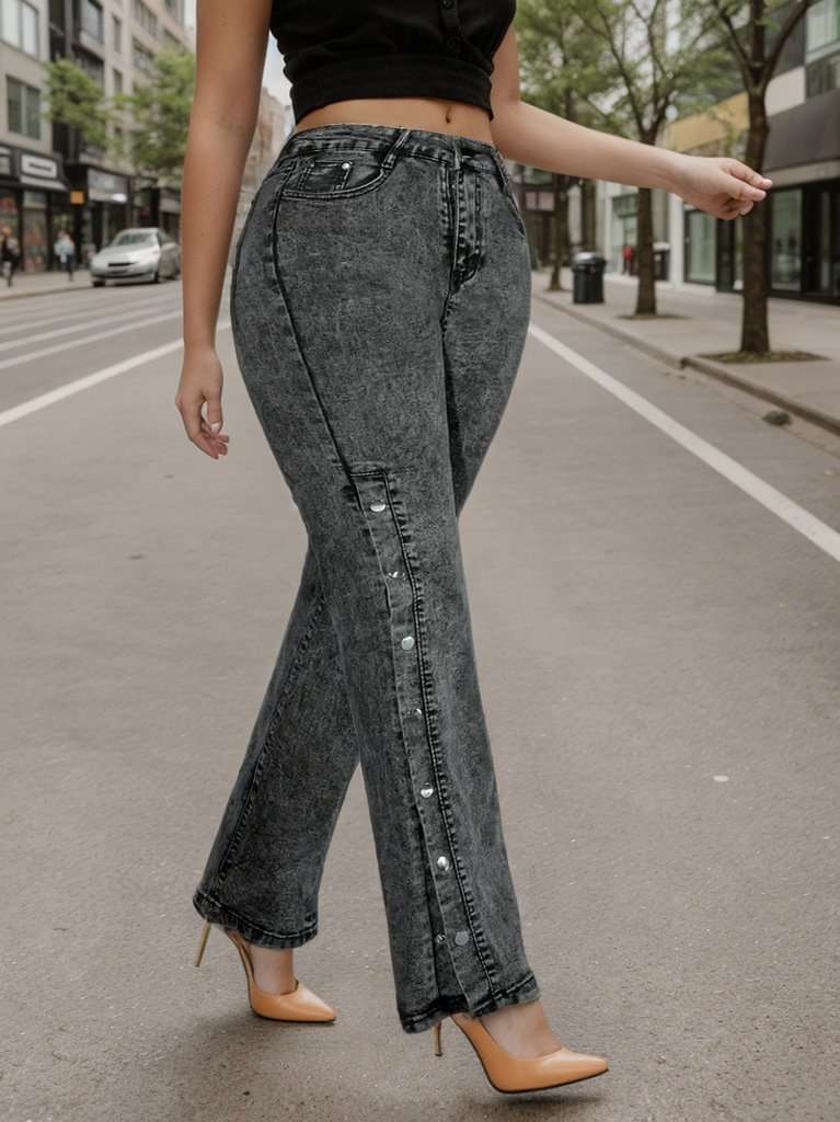 Straight-Leg Jeans with Snap Button Detailing - XL, Dark Grey image