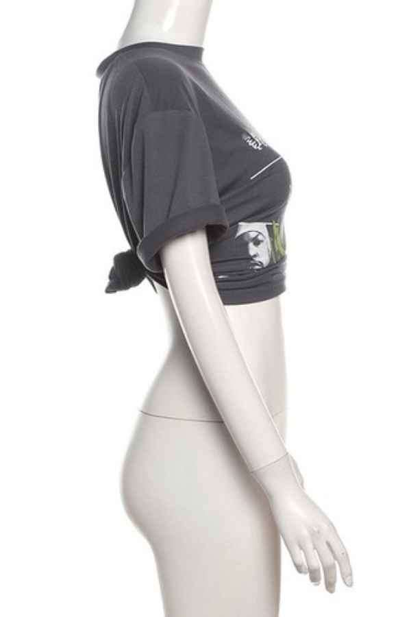 Printed Round Neck Knot Tie Cropped Tee Shirt Top image 4