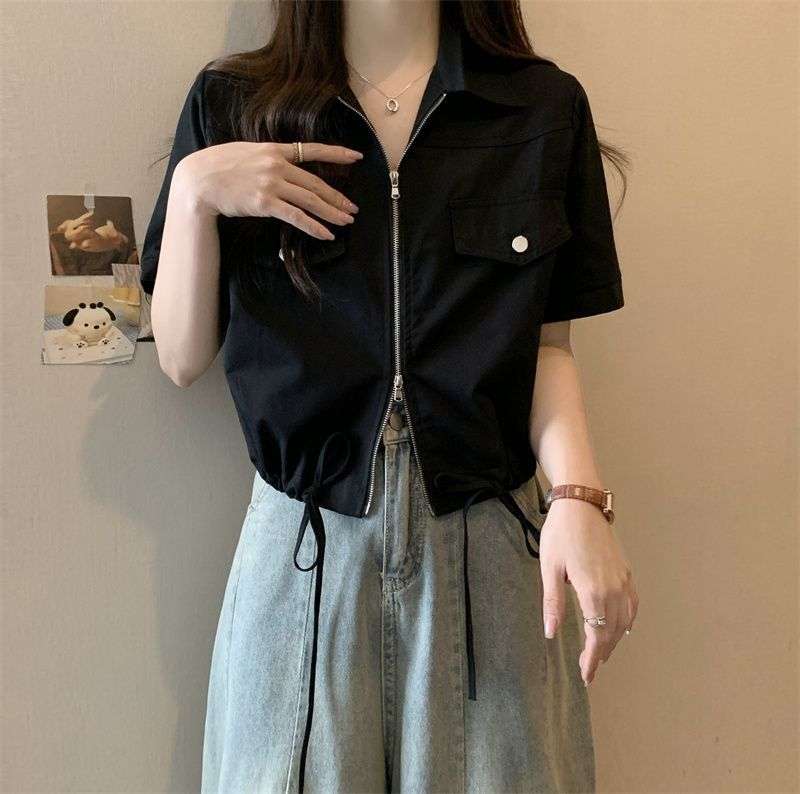 Casual Pastel Zip-Up Shirt - S, Black image