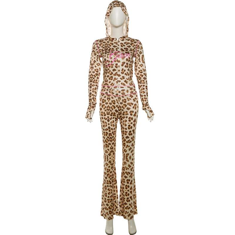 Leopard Print Hooded Crop Tops Pants Set image 4