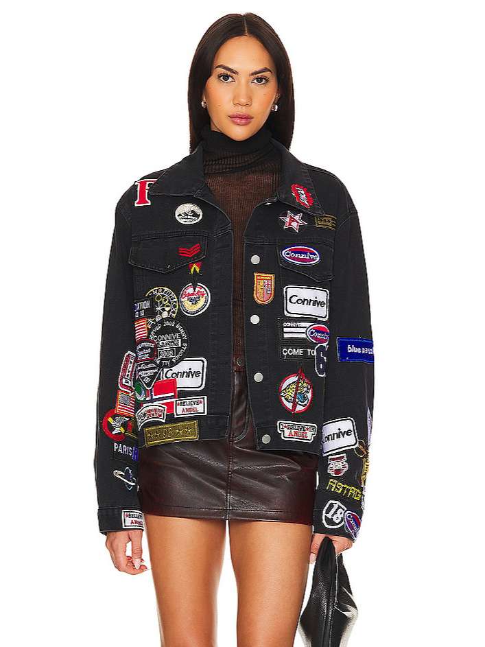 Embroidered Patch Denim Jacket - M, Black image