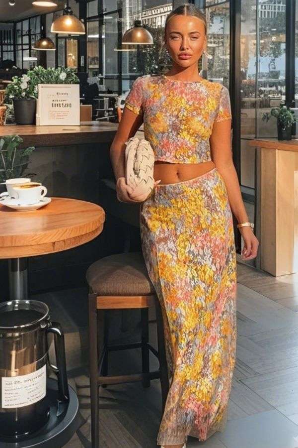 Textured Floral Mesh Two-Piece Maxi Set image 0