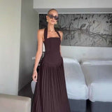 Halter Maxi Dress with Pleated Skirt - L, Brown image