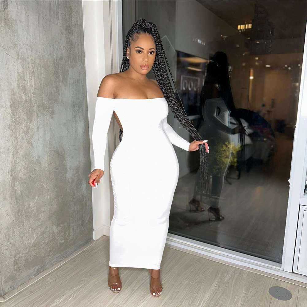 Off-Shoulder Long-Sleeve Maxi Dress - S, White image