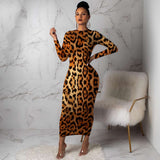 Leopard Print Crew Neck Maxi Dress - M, Multi Brown image